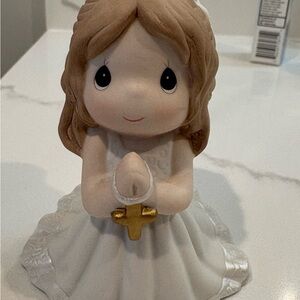 Precious Moments Blonde Girl in White Dress with Gold Cross
